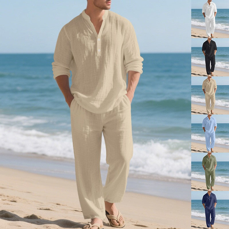 Conjunto Casual para Hombre de 2 Piezas – Camisa Henley y Pantalón Cómodo