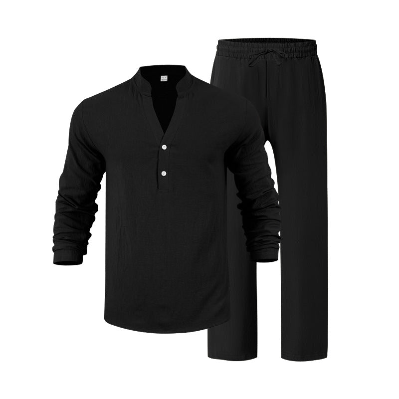 Conjunto Casual para Hombre de 2 Piezas – Camisa Henley y Pantalón Cómodo
