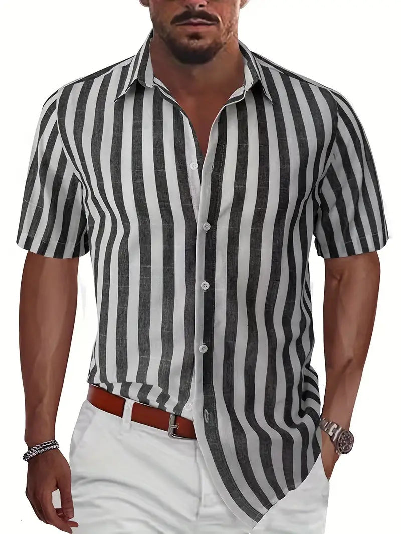 Camisa de manga corta con solapa, a rayas, teñida en hilo, estilo casual de playa para hombre, estilo europeo y americano, ideal para el verano.