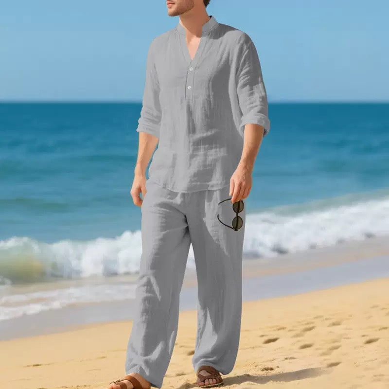 Conjunto Casual para Hombre de 2 Piezas – Camisa Henley y Pantalón Cómodo