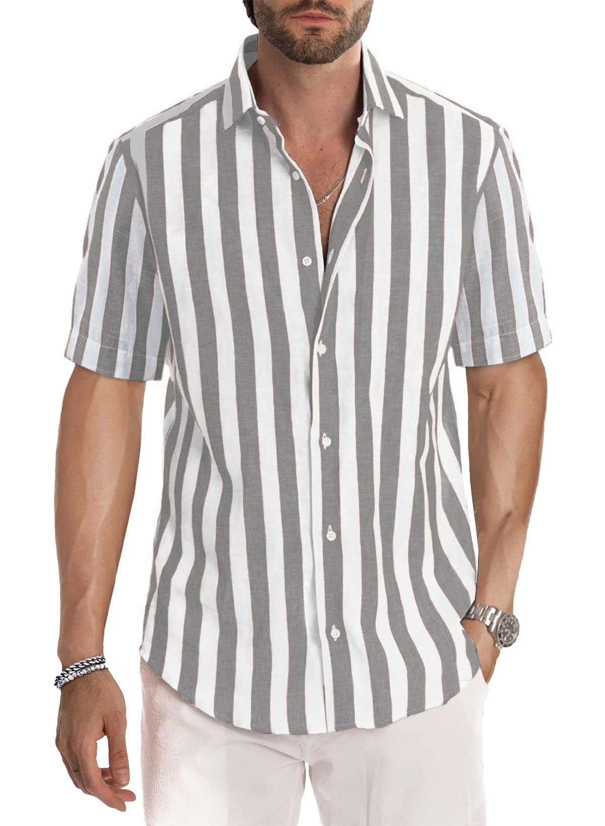 Camisa de manga corta con solapa, a rayas, teñida en hilo, estilo casual de playa para hombre, estilo europeo y americano, ideal para el verano.