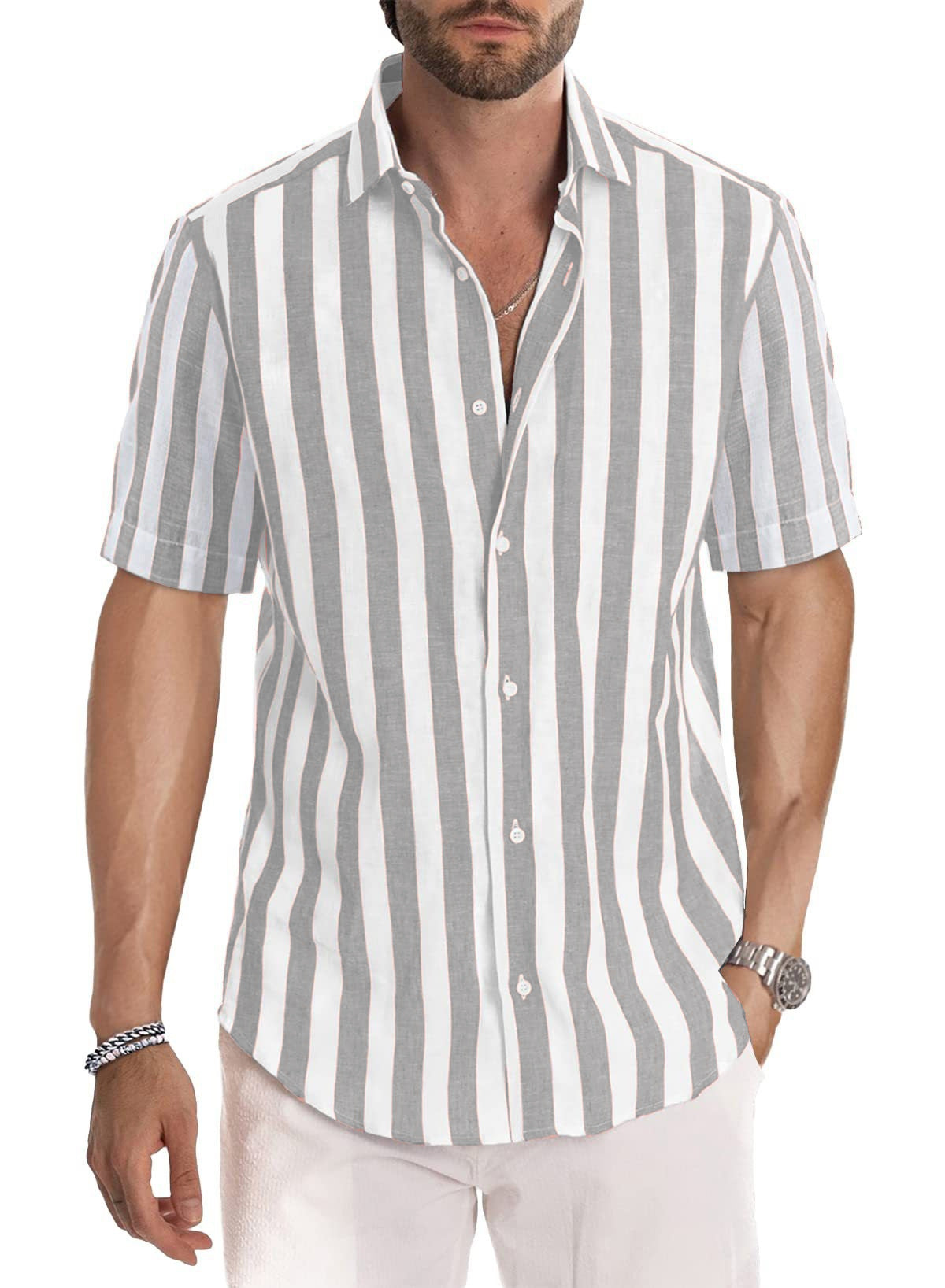 Camisa de manga corta con solapa, a rayas, teñida en hilo, estilo casual de playa para hombre, estilo europeo y americano, ideal para el verano.