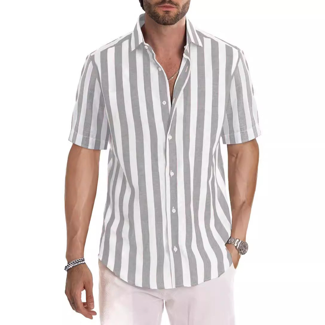 Camisa de manga corta con solapa, a rayas, teñida en hilo, estilo casual de playa para hombre, estilo europeo y americano, ideal para el verano.