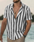 Camisa de manga corta con solapa, a rayas, teñida en hilo, estilo casual de playa para hombre, estilo europeo y americano, ideal para el verano.