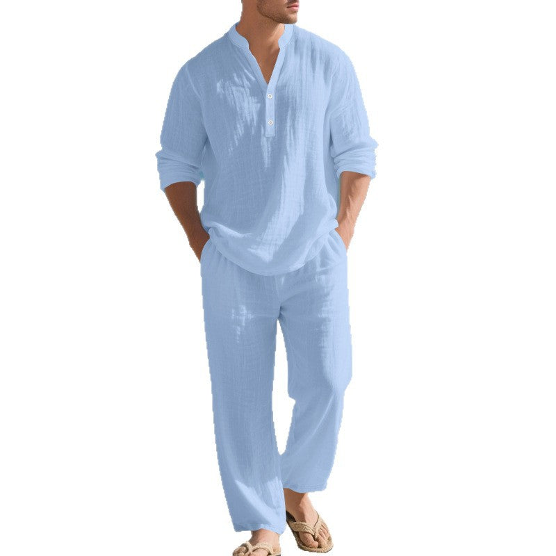 Conjunto Casual para Hombre de 2 Piezas – Camisa Henley y Pantalón Cómodo