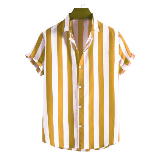 Camisa de manga corta con solapa, a rayas, teñida en hilo, estilo casual de playa para hombre, estilo europeo y americano, ideal para el verano.