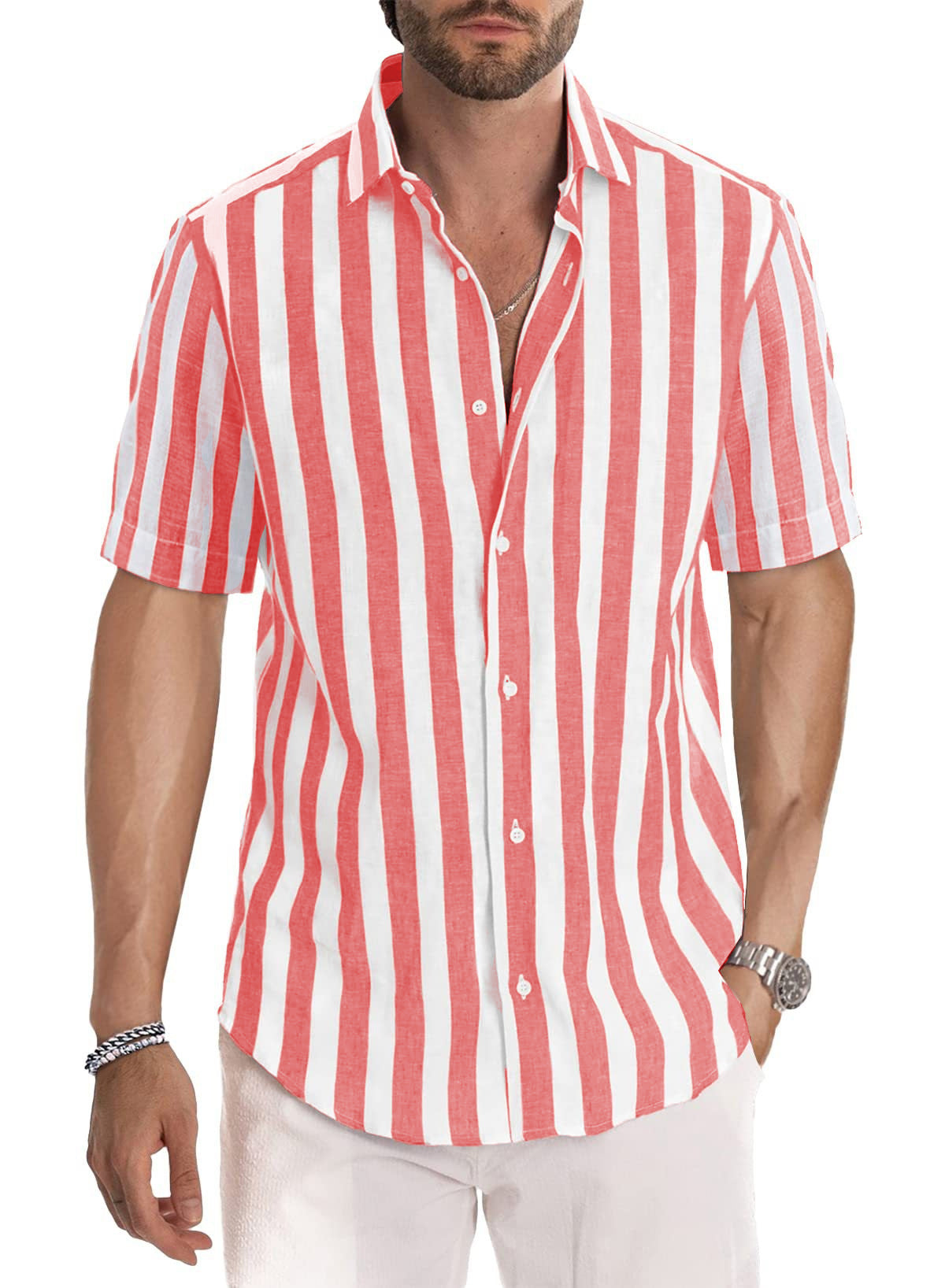 Camisa de manga corta con solapa, a rayas, teñida en hilo, estilo casual de playa para hombre, estilo europeo y americano, ideal para el verano.