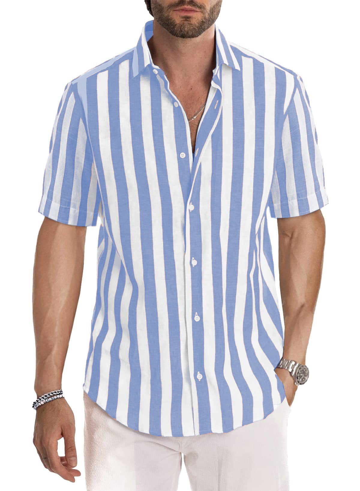 Camisa de manga corta con solapa, a rayas, teñida en hilo, estilo casual de playa para hombre, estilo europeo y americano, ideal para el verano.