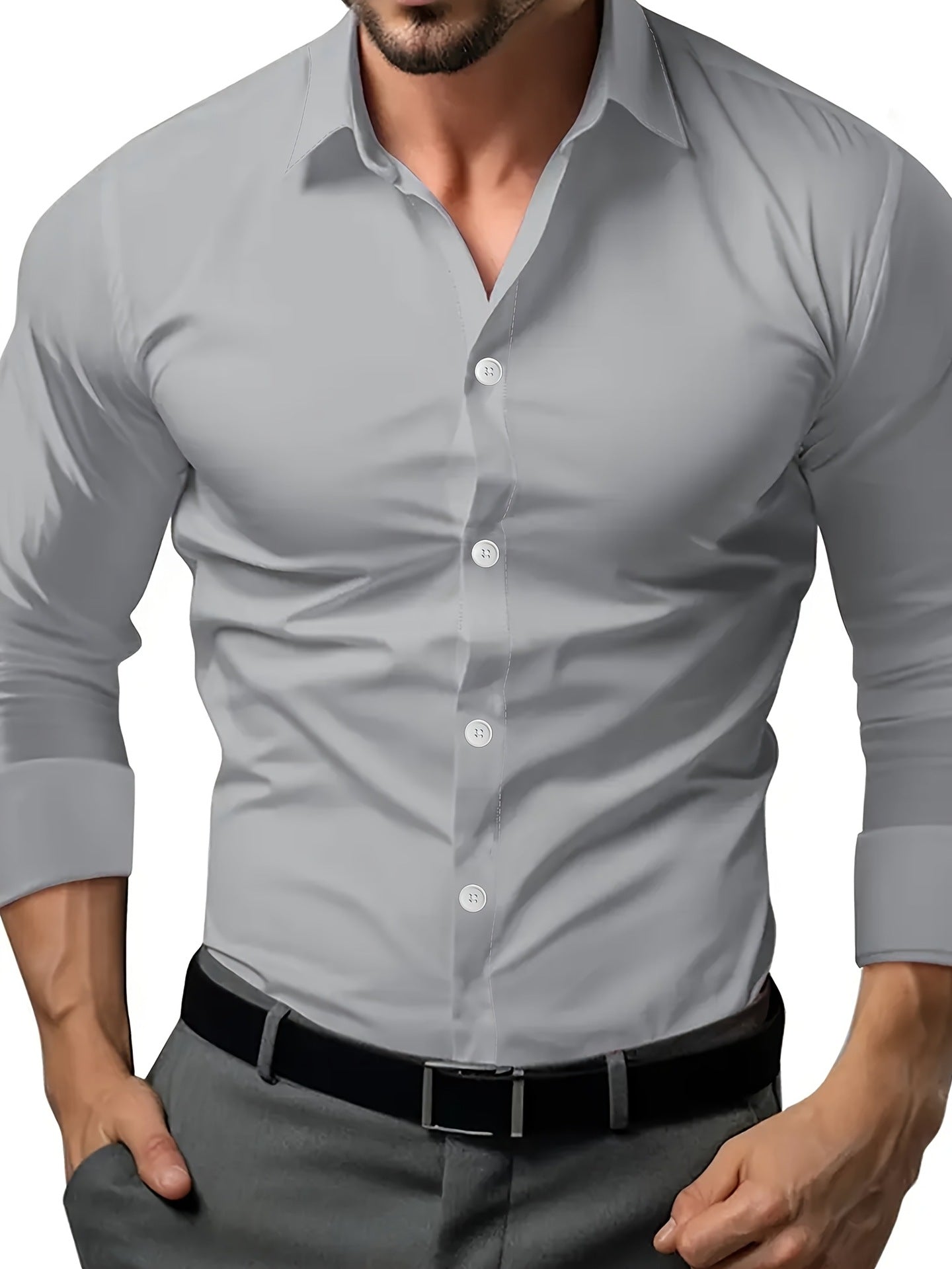 Camisa de Vestir Semi Transparente para Hombre – Manga Larga Gris Oscuro