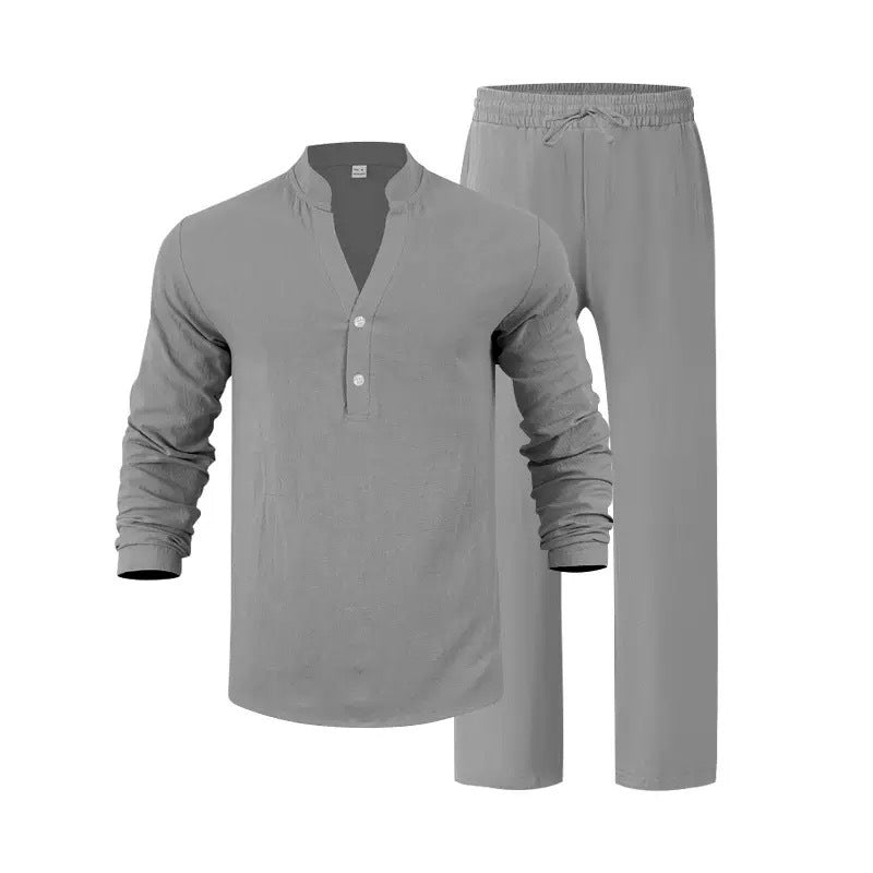 Conjunto Casual para Hombre de 2 Piezas – Camisa Henley y Pantalón Cómodo