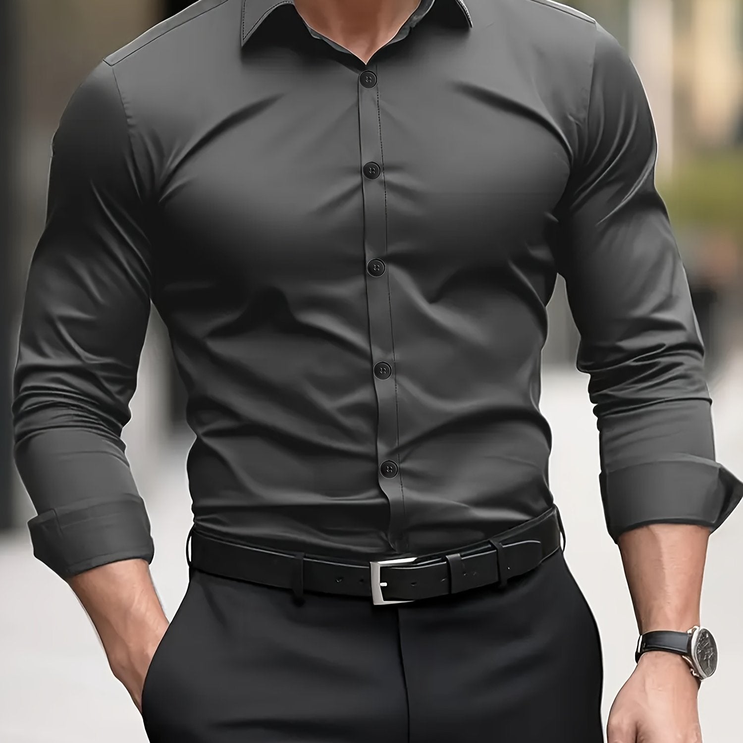 Camisa de Vestir Semi Transparente para Hombre – Manga Larga Gris Oscuro
