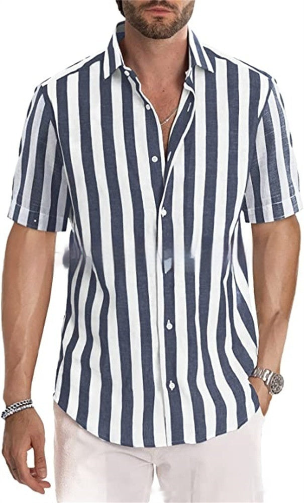 Camisa de manga corta con solapa, a rayas, teñida en hilo, estilo casual de playa para hombre, estilo europeo y americano, ideal para el verano.