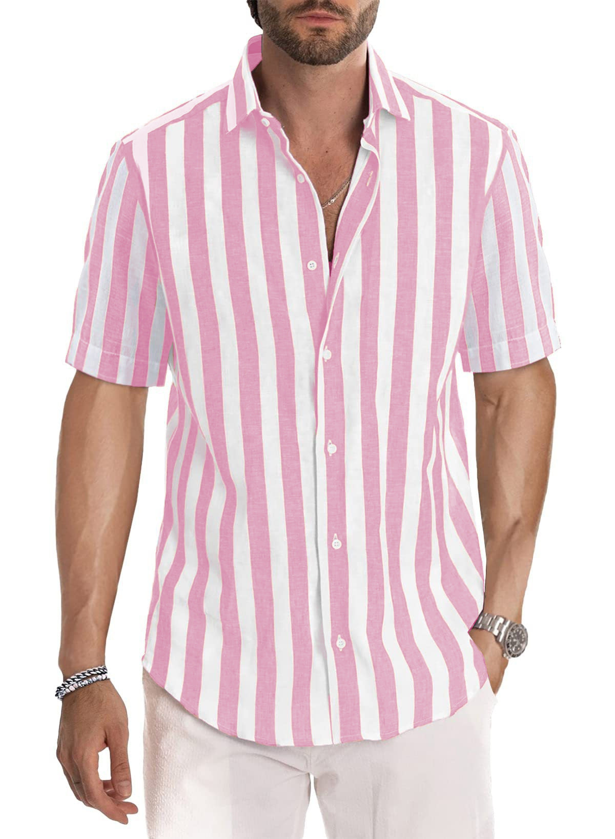 Camisa de manga corta con solapa, a rayas, teñida en hilo, estilo casual de playa para hombre, estilo europeo y americano, ideal para el verano.