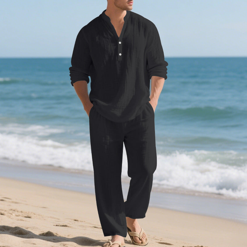 Conjunto Casual para Hombre de 2 Piezas – Camisa Henley y Pantalón Cómodo