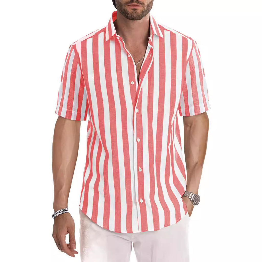 Camisa de manga corta con solapa, a rayas, teñida en hilo, estilo casual de playa para hombre, estilo europeo y americano, ideal para el verano.