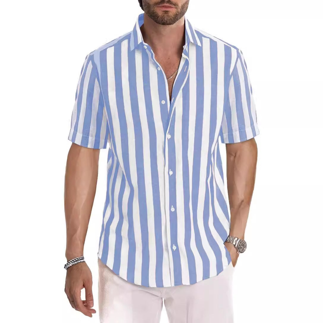Camisa de manga corta con solapa, a rayas, teñida en hilo, estilo casual de playa para hombre, estilo europeo y americano, ideal para el verano.