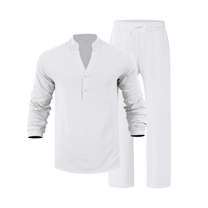 Conjunto Casual para Hombre de 2 Piezas – Camisa Henley y Pantalón Cómodo