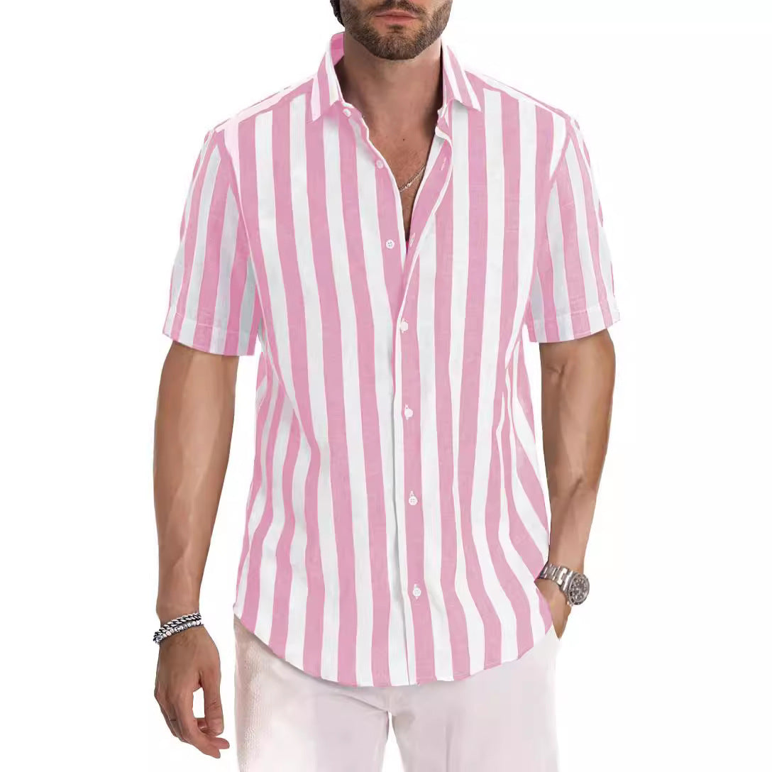 Camisa de manga corta con solapa, a rayas, teñida en hilo, estilo casual de playa para hombre, estilo europeo y americano, ideal para el verano.