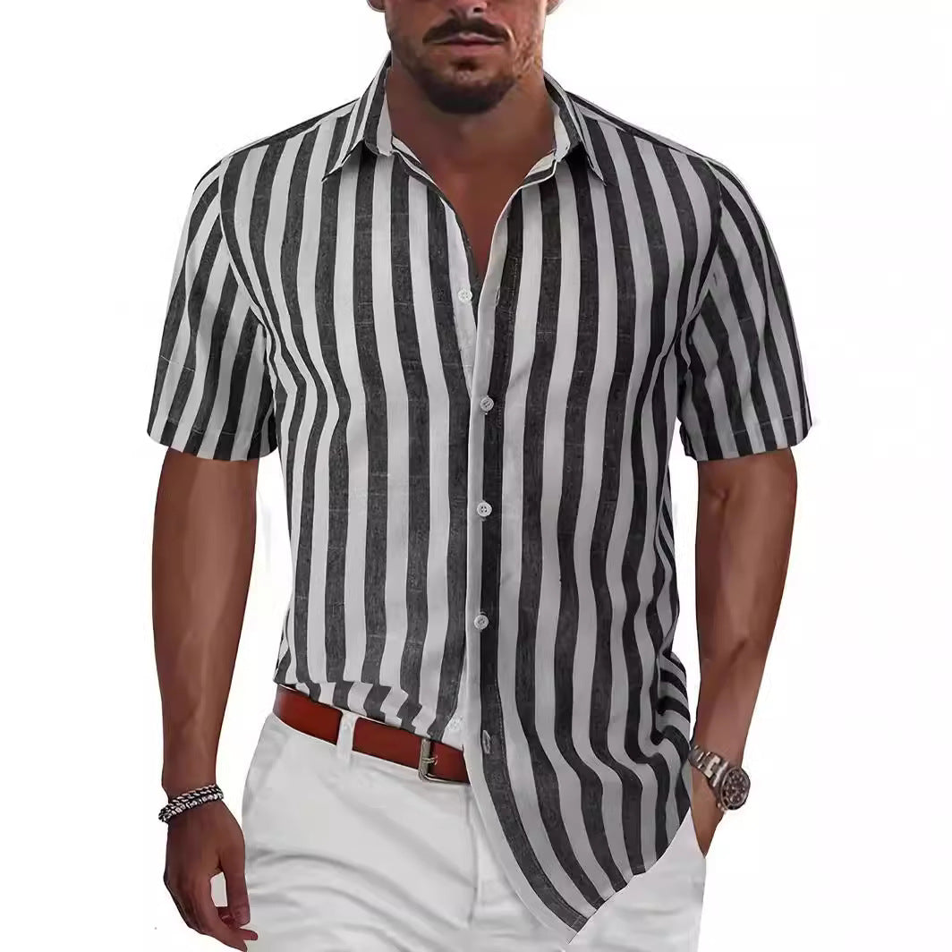 Camisa de manga corta con solapa, a rayas, teñida en hilo, estilo casual de playa para hombre, estilo europeo y americano, ideal para el verano.