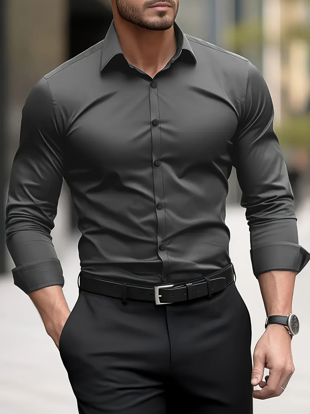 Camisa de Vestir Semi Transparente para Hombre – Manga Larga Gris Oscuro
